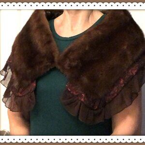 Mink Shoulder Wrap  Fur Shawl Lined With Satin Silk & Lace on Outer Contour